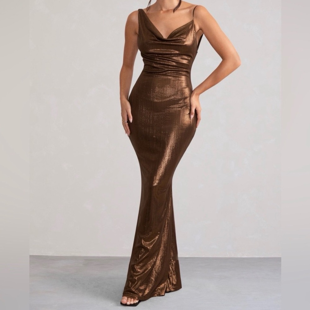 Clun L Bronze Cowl Neck Maxi Gown